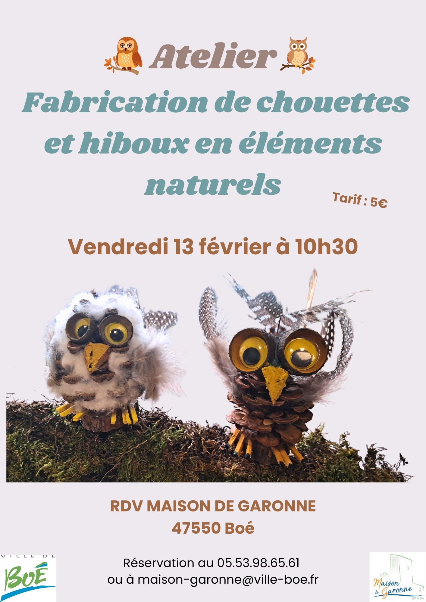 Atelier de fabrication de chouettes et hiboux en éléments naturels