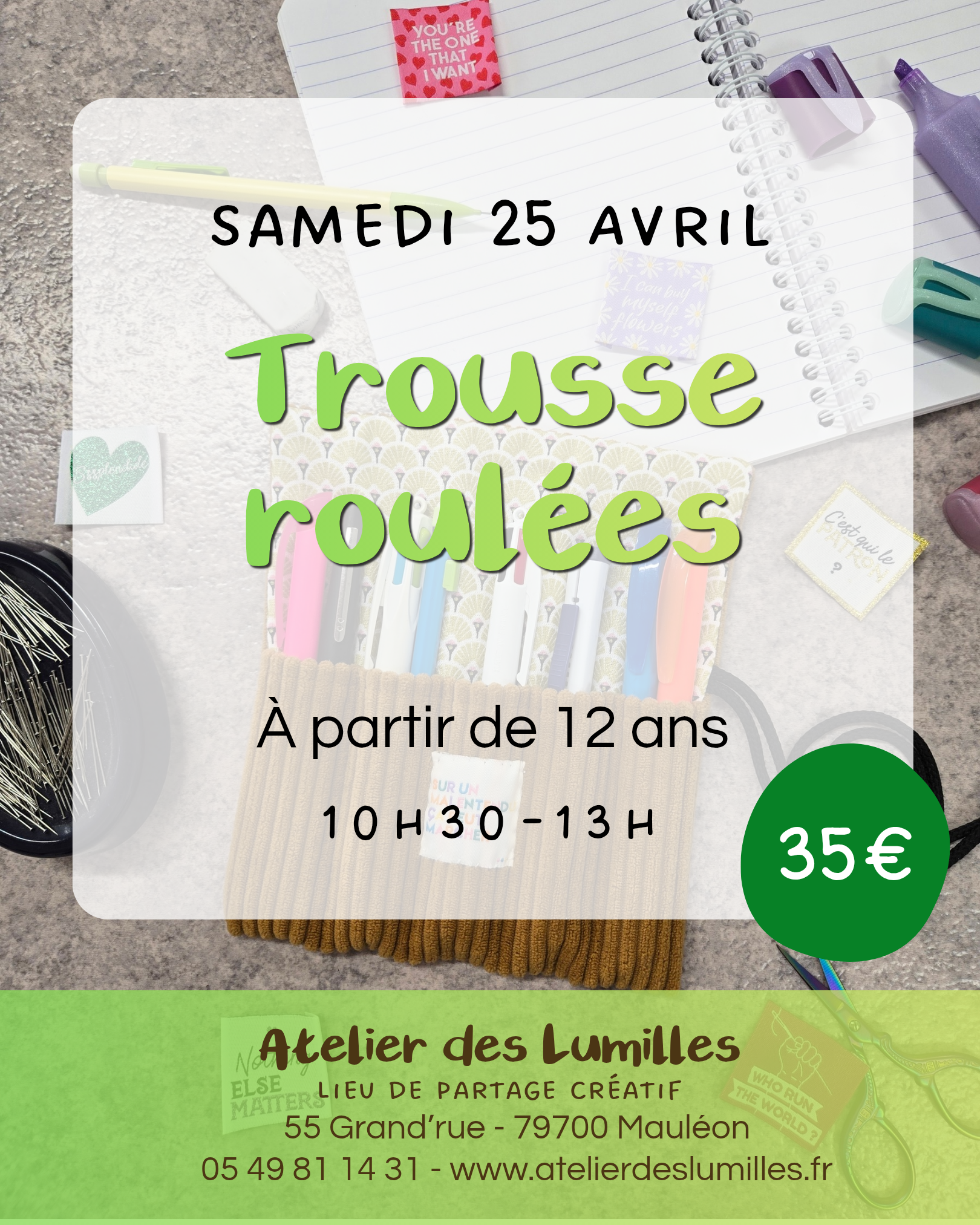 Atelier - Viens coudre ta trousse roulée