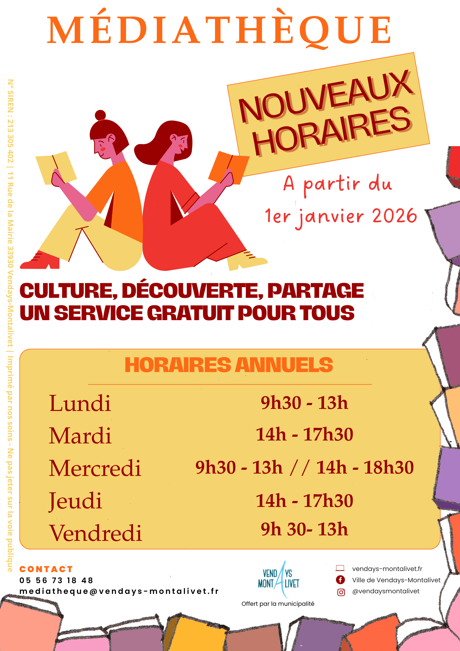 Médiathèque Vendays, Horaires 2026